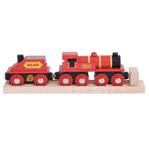 Bigjigs Rail Červená lokomotiva s tendrem + 3 koleje