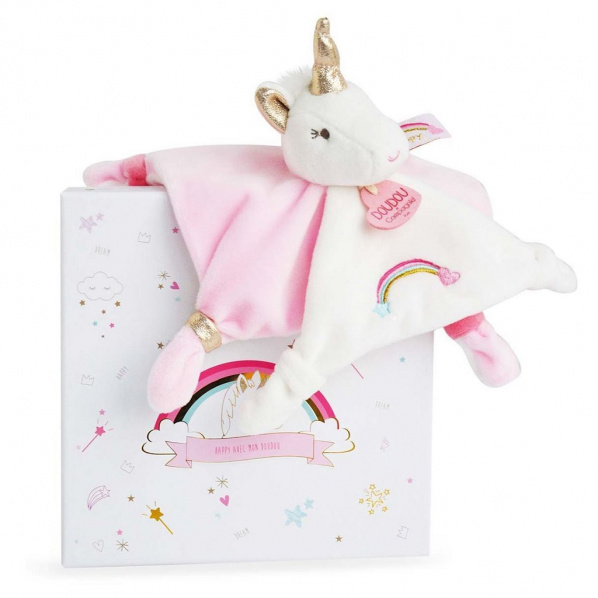 Doudou Dárková sada - plyšový muchláček jednorožec růžový 20 cm
