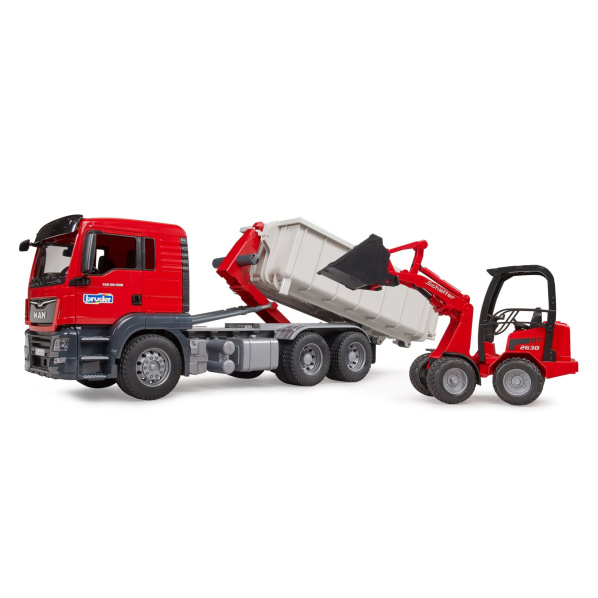 Bruder 3767 Nákladní automobil MAN TGS s rolovacím kontejnerem a Schäffer Hoflader 2630