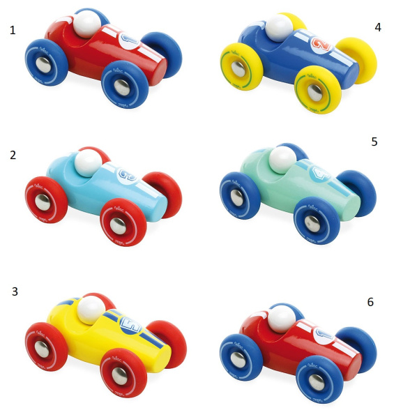 Vilac Dřevěné závodní mini auto 1 ks červené s modrými koly