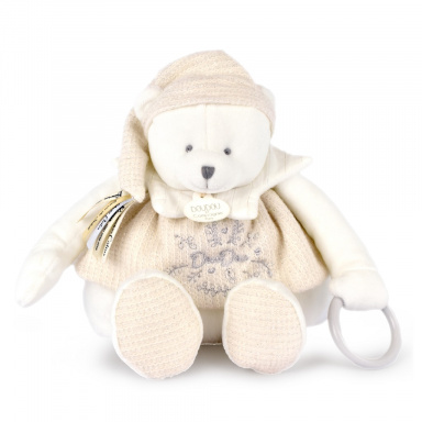 Doudou Dárková sada Plyšový lední medvídek s kroužkem 30 cm béžový